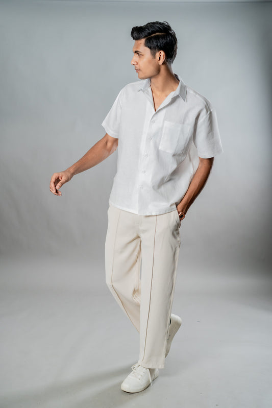 Linen Box Fit Oversized Half Sleeve Shirt — White