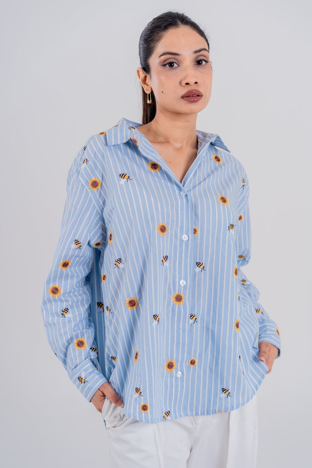 The Bumblebee & Sunflower Embroidered Striped Shirt