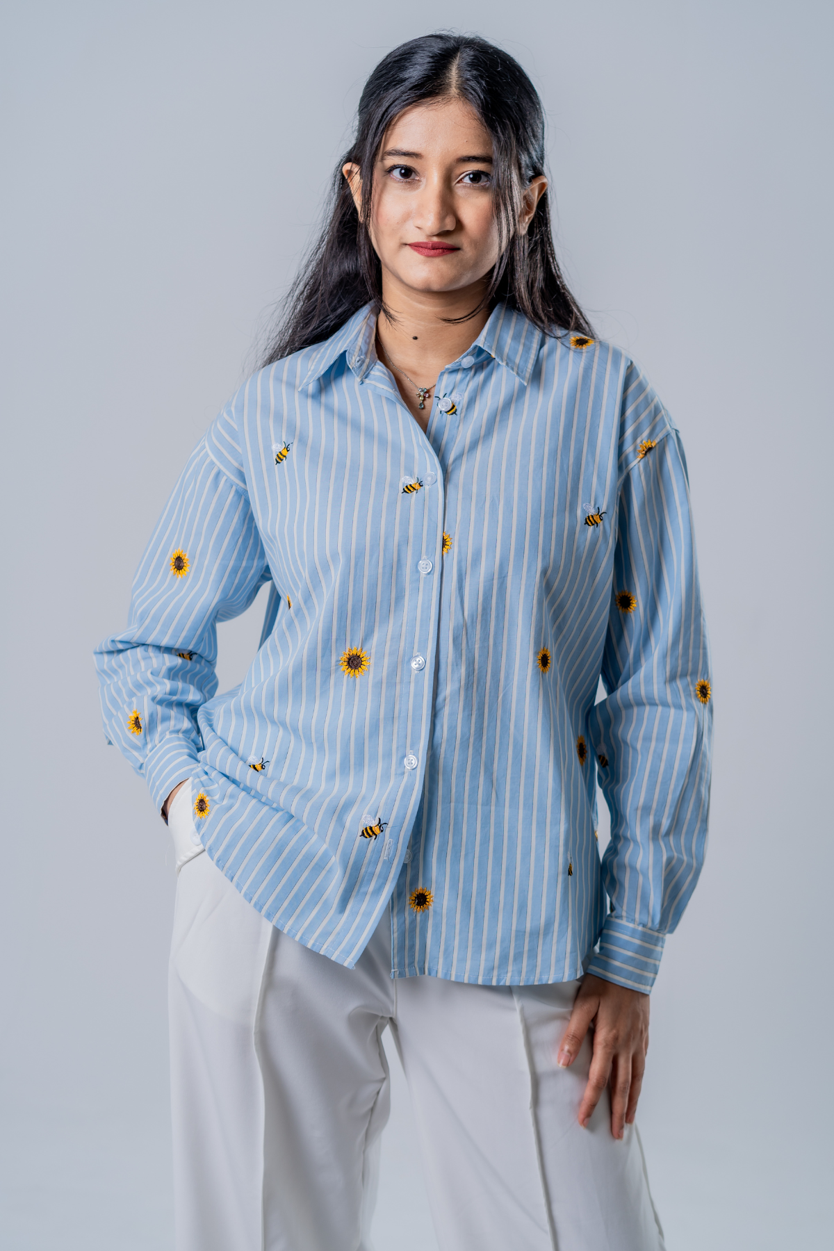The Bumblebee & Sunflower Embroidered Striped Shirt