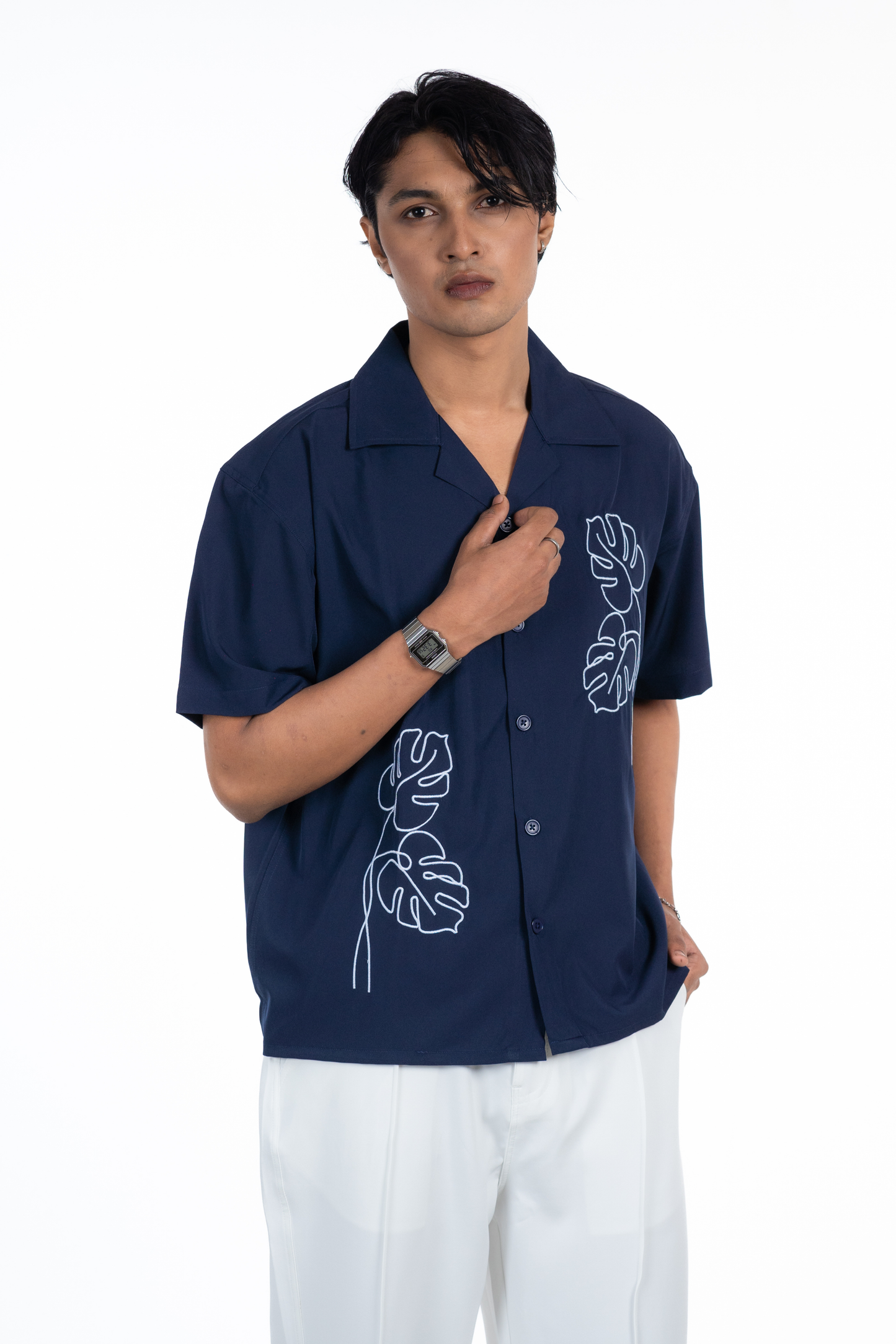 Embroidery Cuban Shirts — Midnight Navy