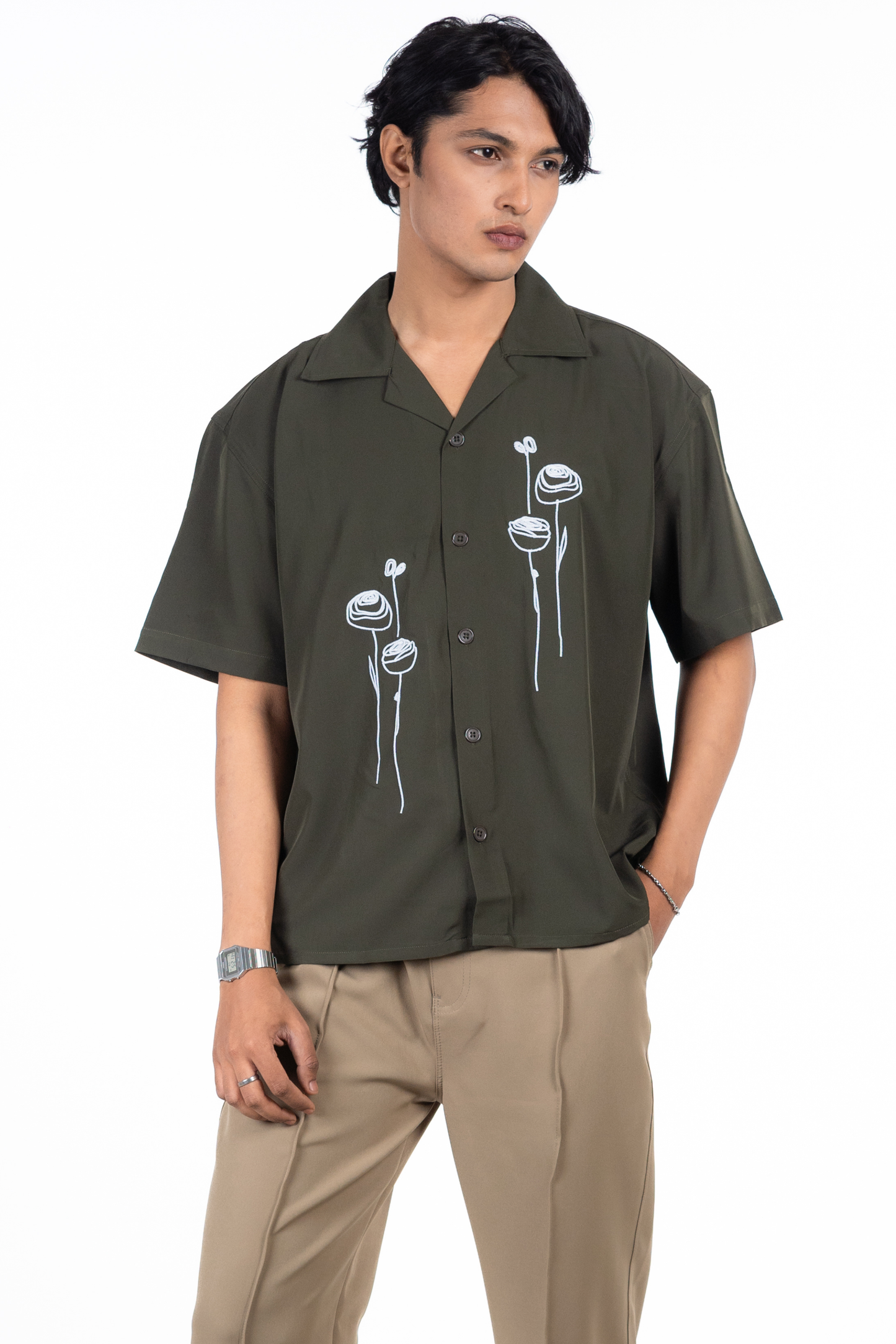 Embroidery Cuban Shirts — Olive