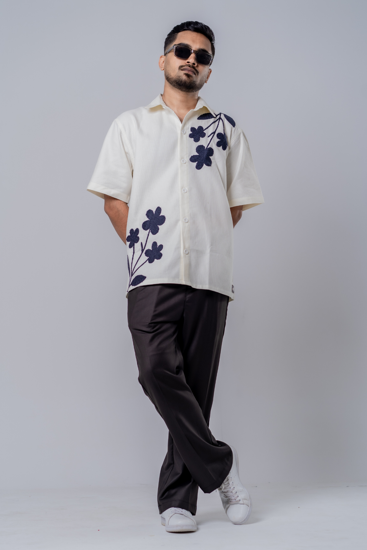 Floral Patch Waffle Shirt- Off White