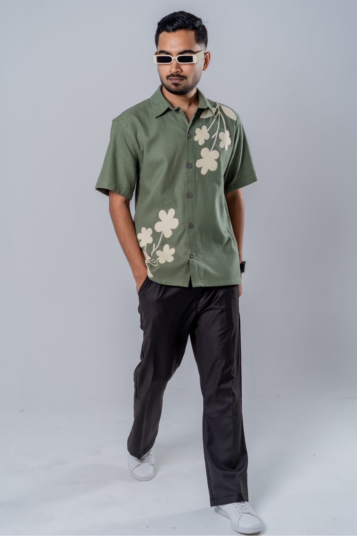 Floral Patch Waffle Shirt- Olive Green