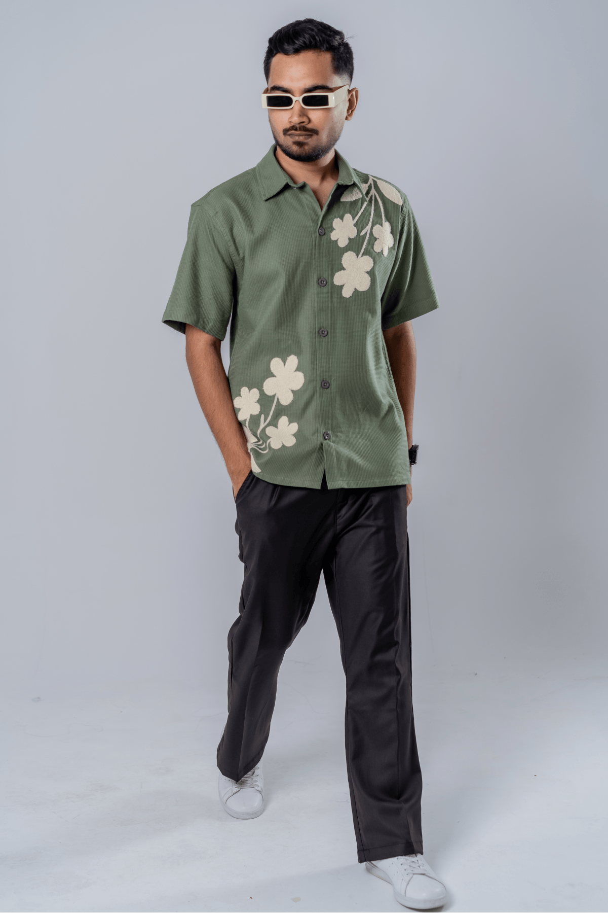 Mad Koffee Floral Patch Waffle Shirt- Olive Green