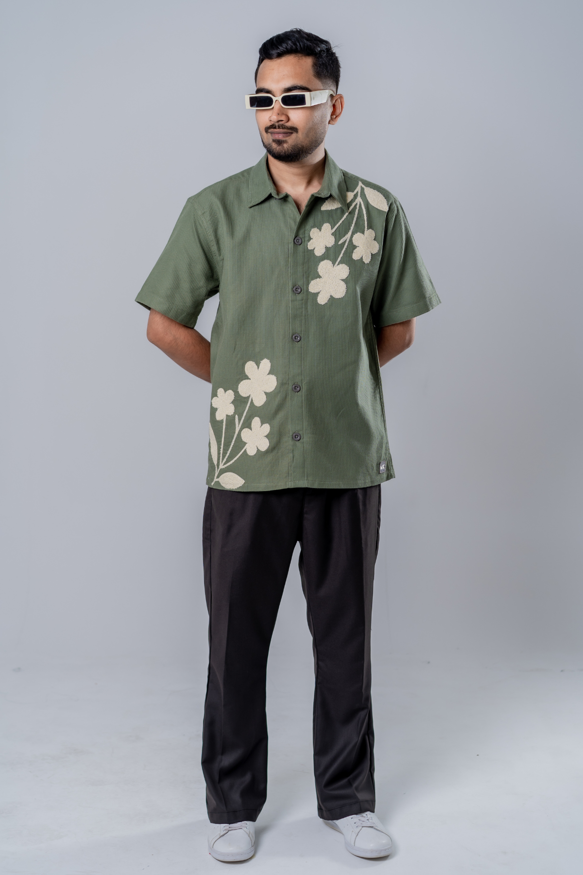 Floral Patch Waffle Shirt- Olive Green