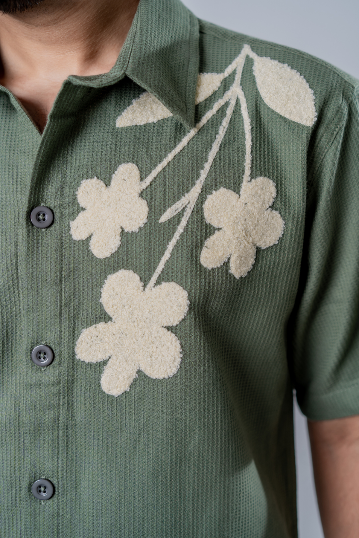 Floral Patch Waffle Shirt- Olive Green