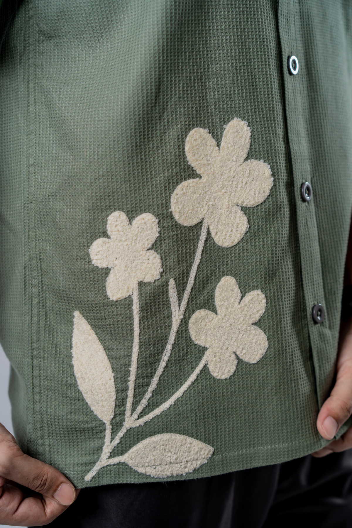 Floral Patch Waffle Shirt- Olive Green
