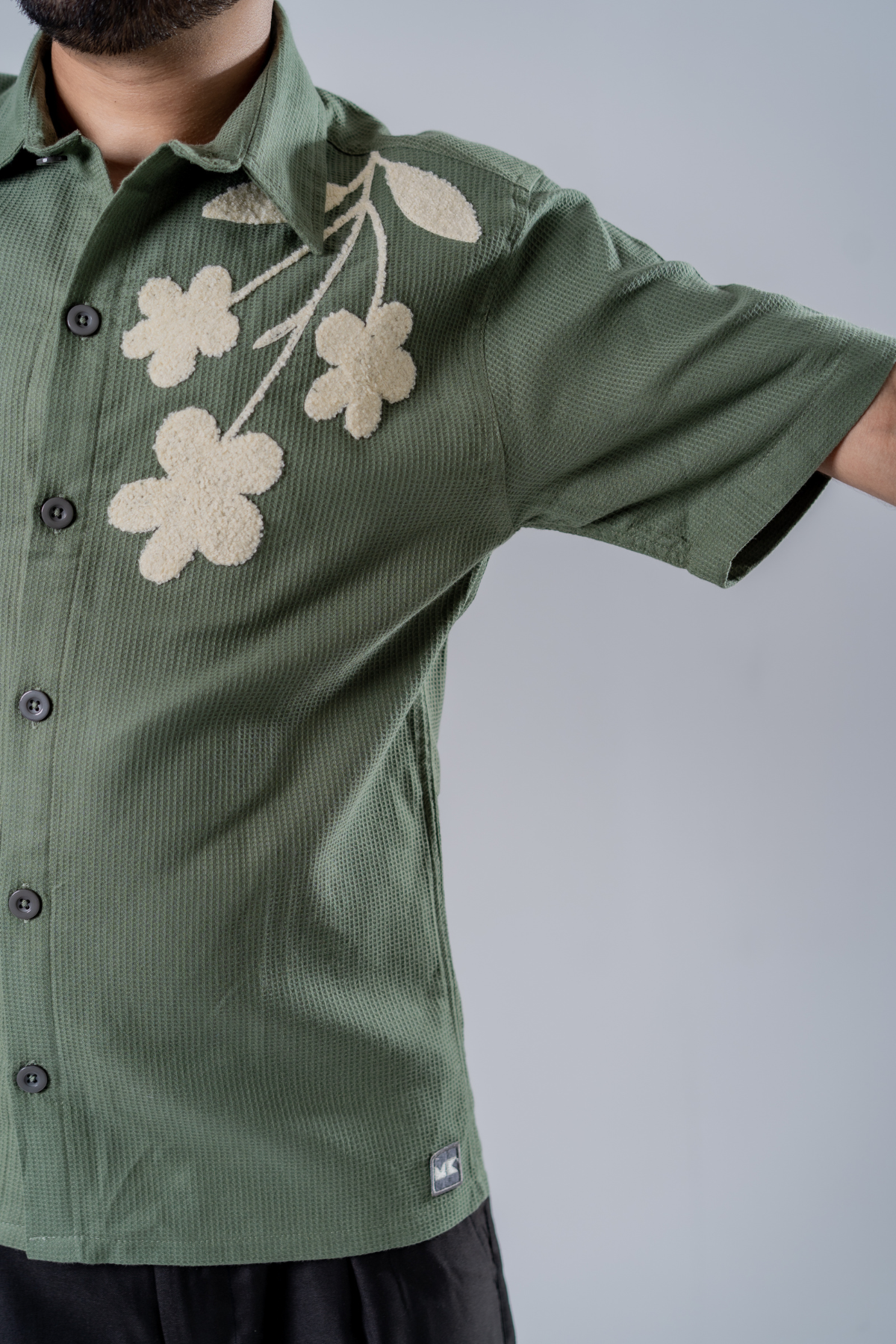 Floral Patch Waffle Shirt- Olive Green