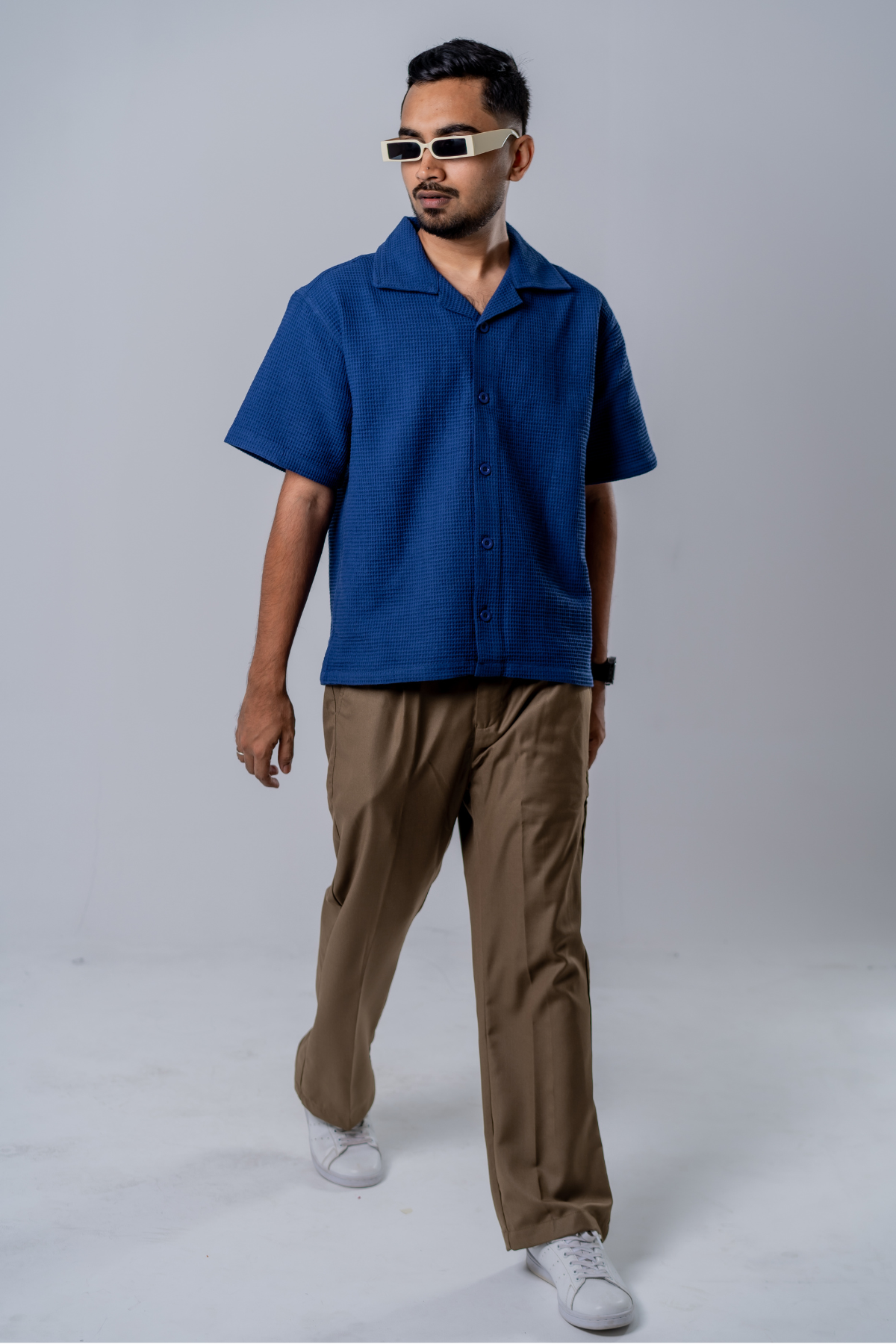 Box Fit Waffle Shirt - Navy Blue