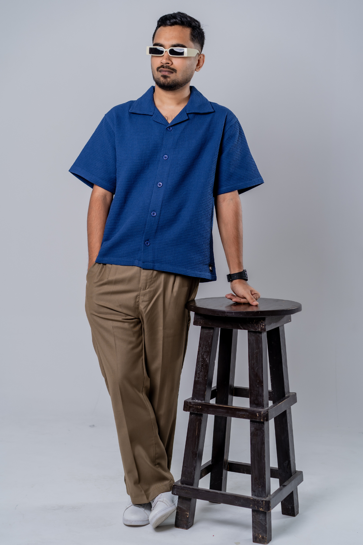 Box Fit Waffle Shirt - Navy Blue