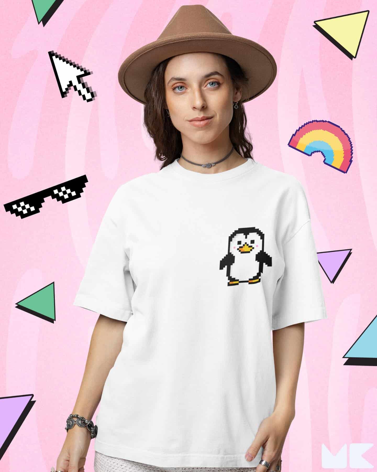 Pixelated Penguin - Printed Oversized Drop Shoulder T-shirt