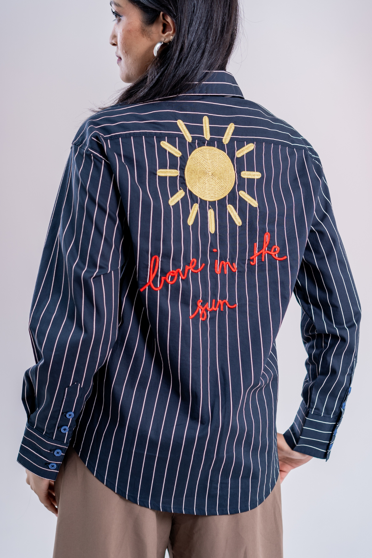 Tropic Bloom Button-Up Embroidered Striped Shirt