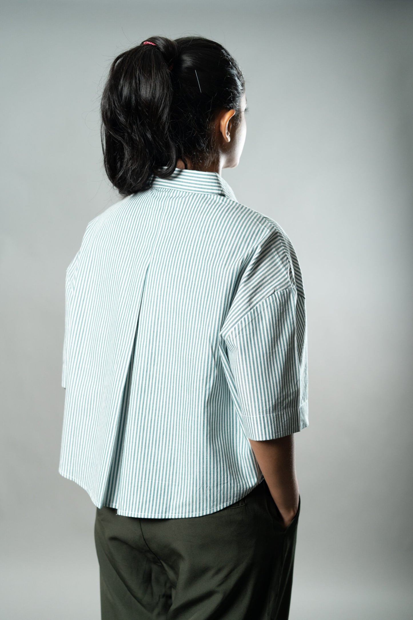 Cropped Oversized Shirts — Mint Green Stripes