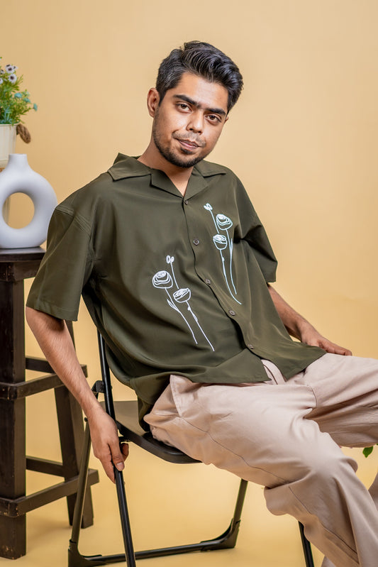 Embroidery Cuban Shirts — Olive