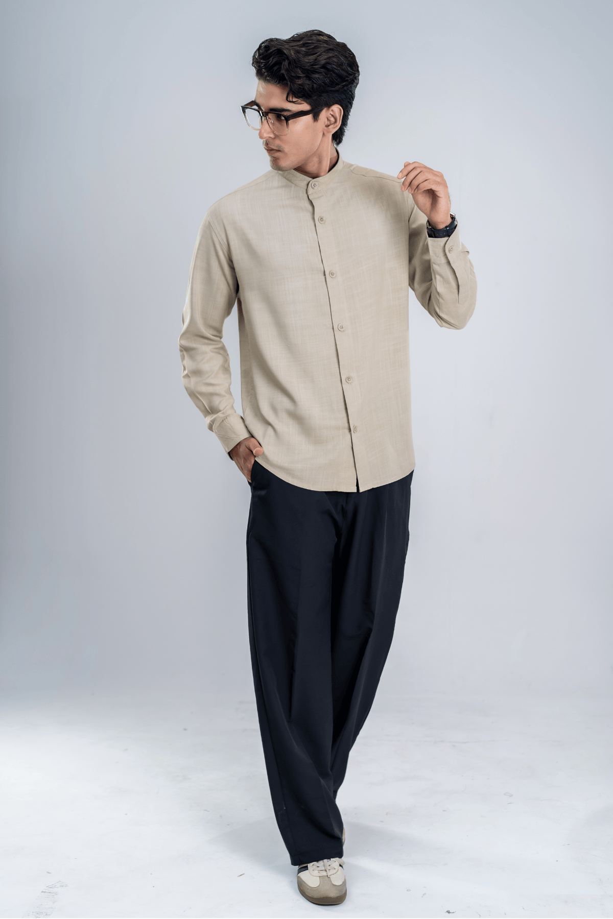 Mad Koffee Cotton Grandad Collar Shirt - Light Beige