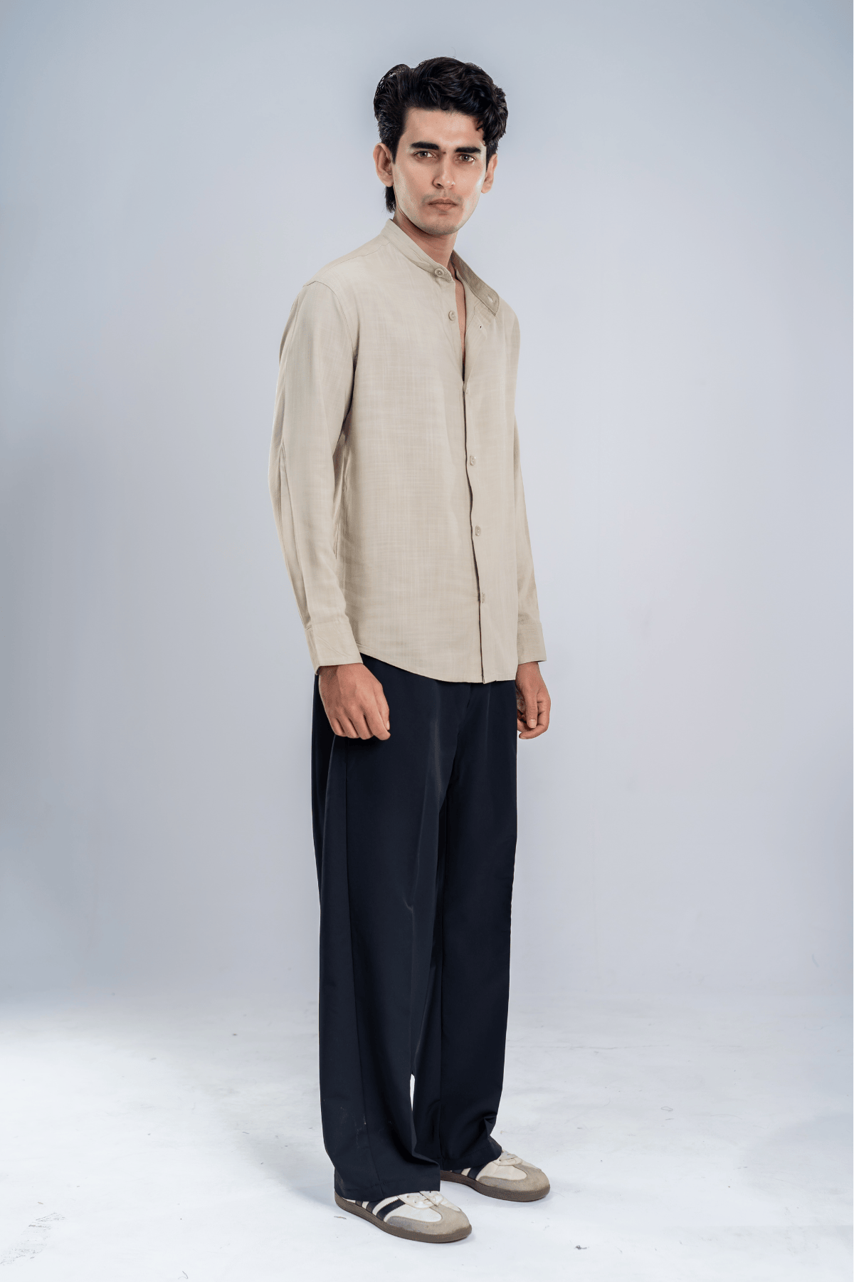 Mad Koffee Cotton Grandad Collar Shirt - Light Beige