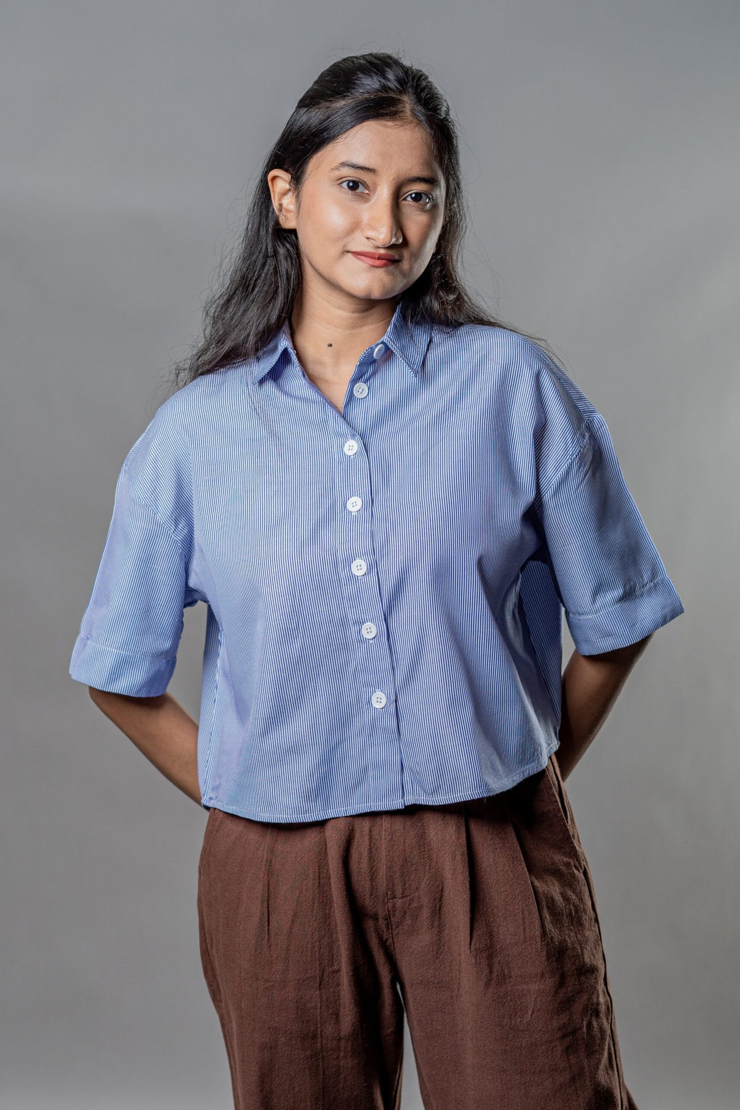 Mad Koffee Cropped Oversized Shirts — Blue Striped