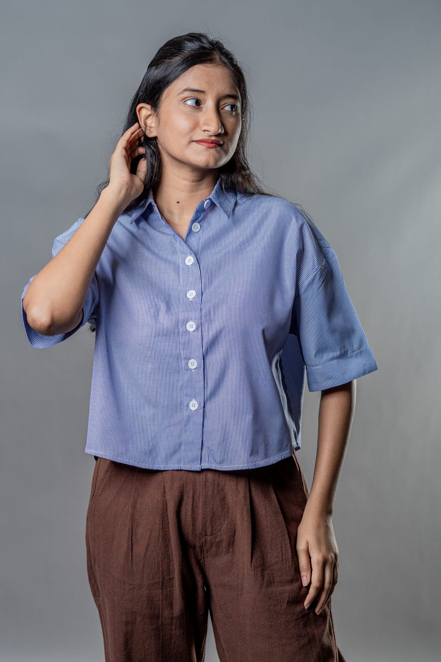 Mad Koffee Cropped Oversized Shirts — Blue Striped