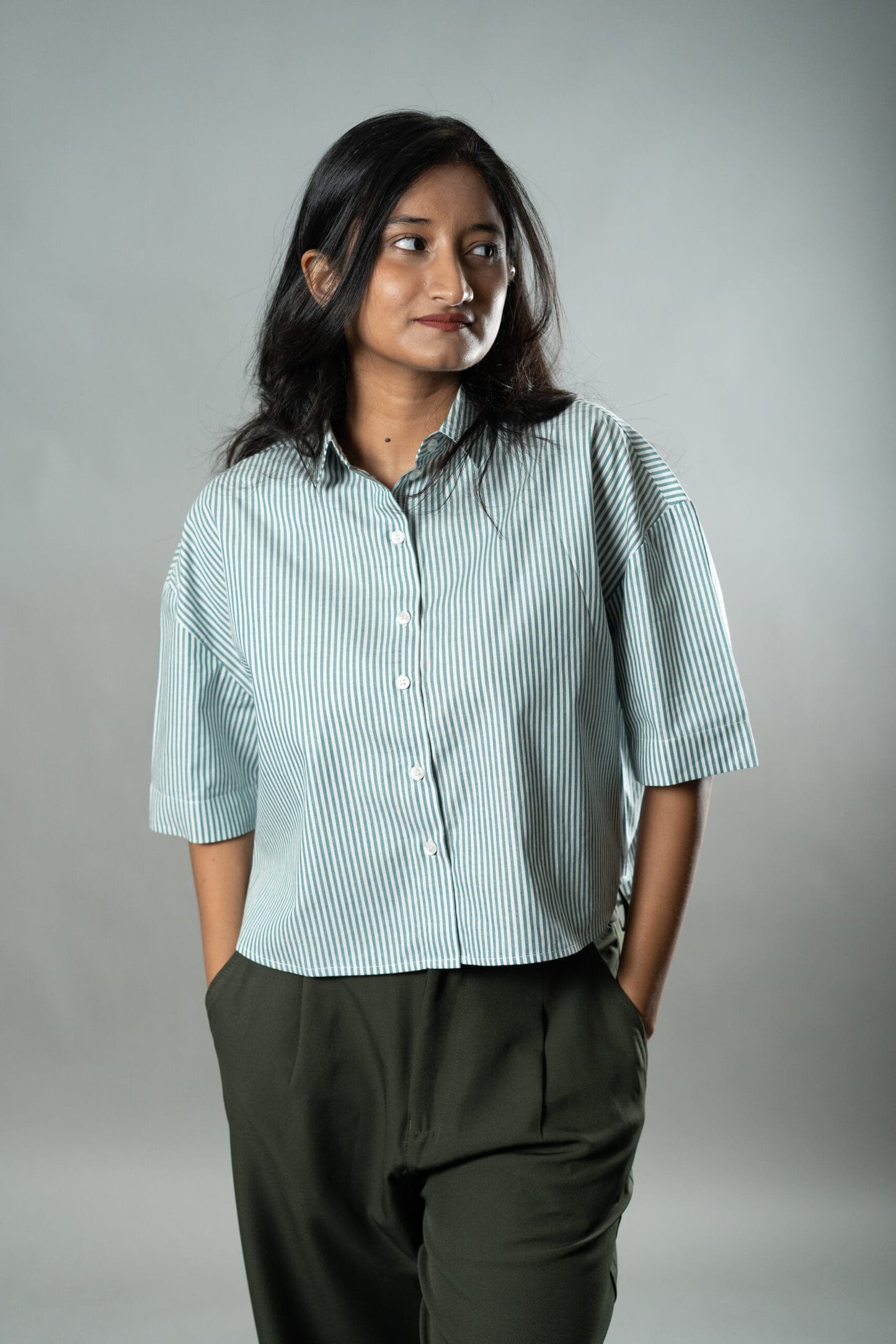 Mad Koffee Cropped Oversized Shirts — Mint Green Stripes