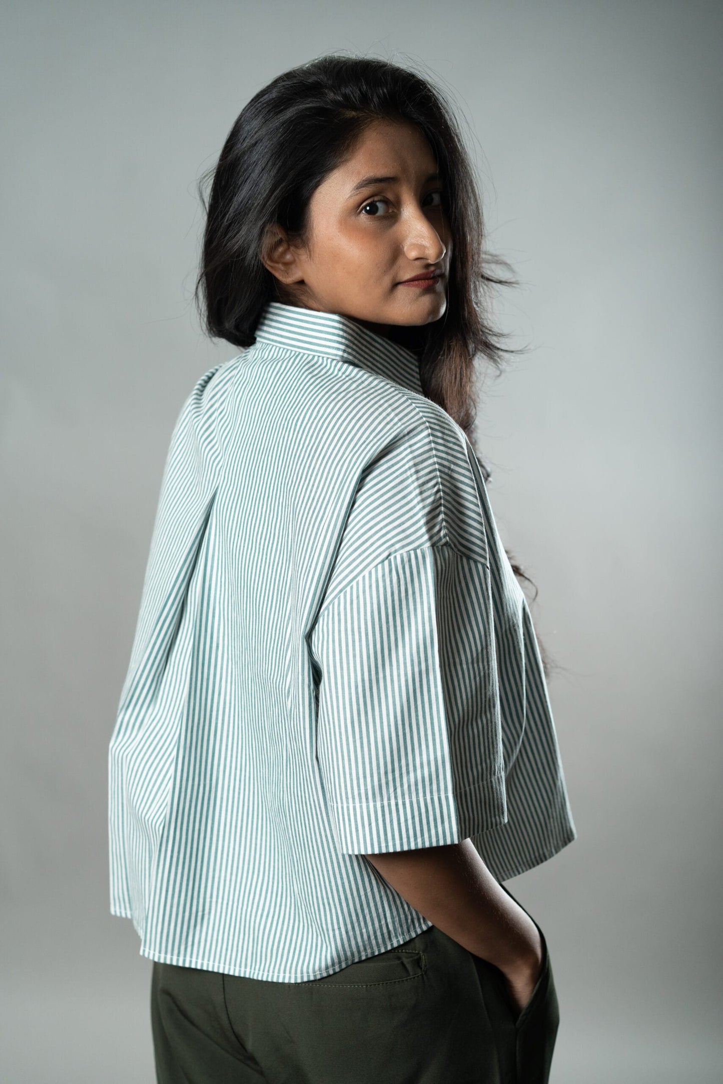 Mad Koffee Cropped Oversized Shirts — Mint Green Stripes