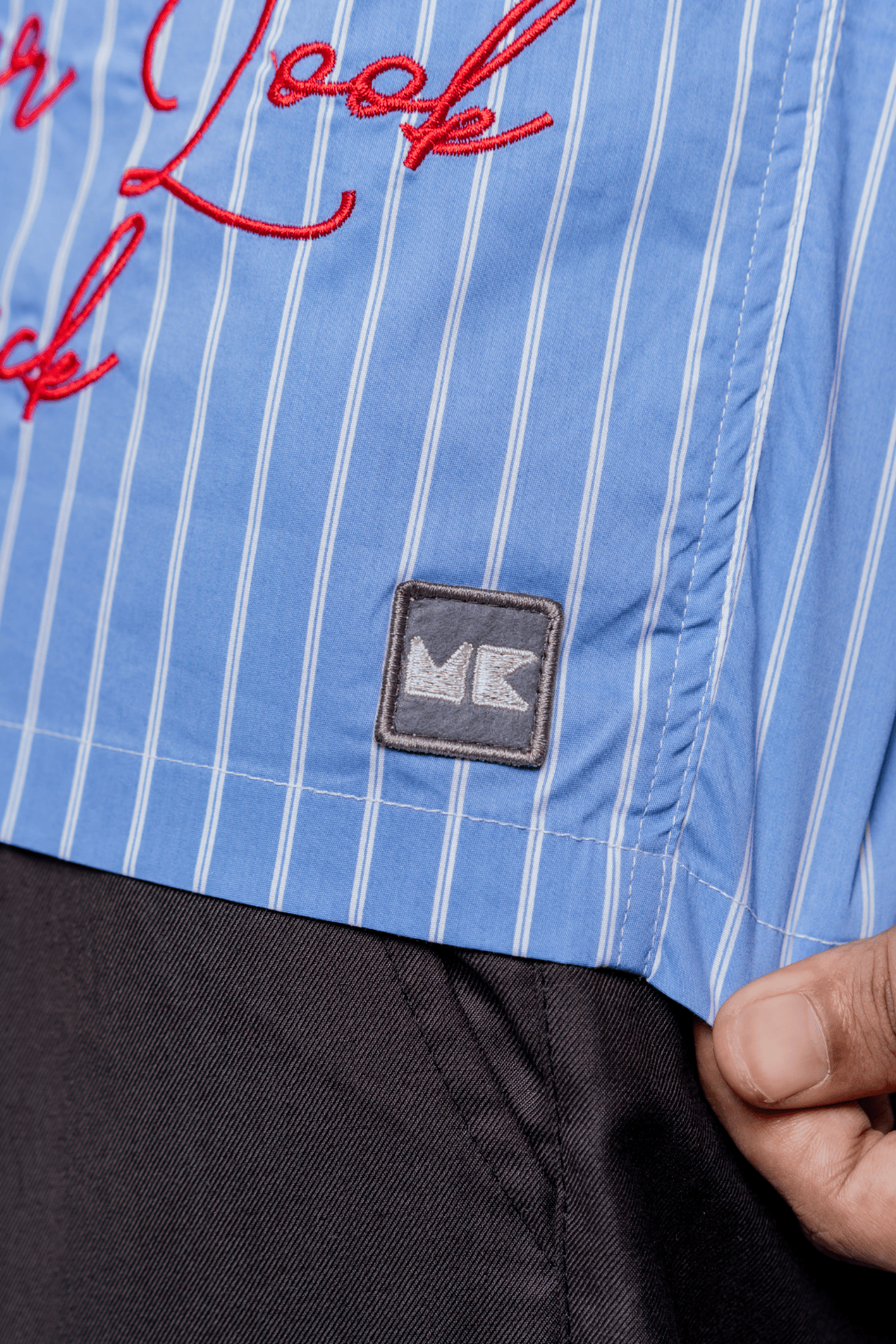 Mad Koffee Embroidery Blue Stripe Shirt – Stay Mad