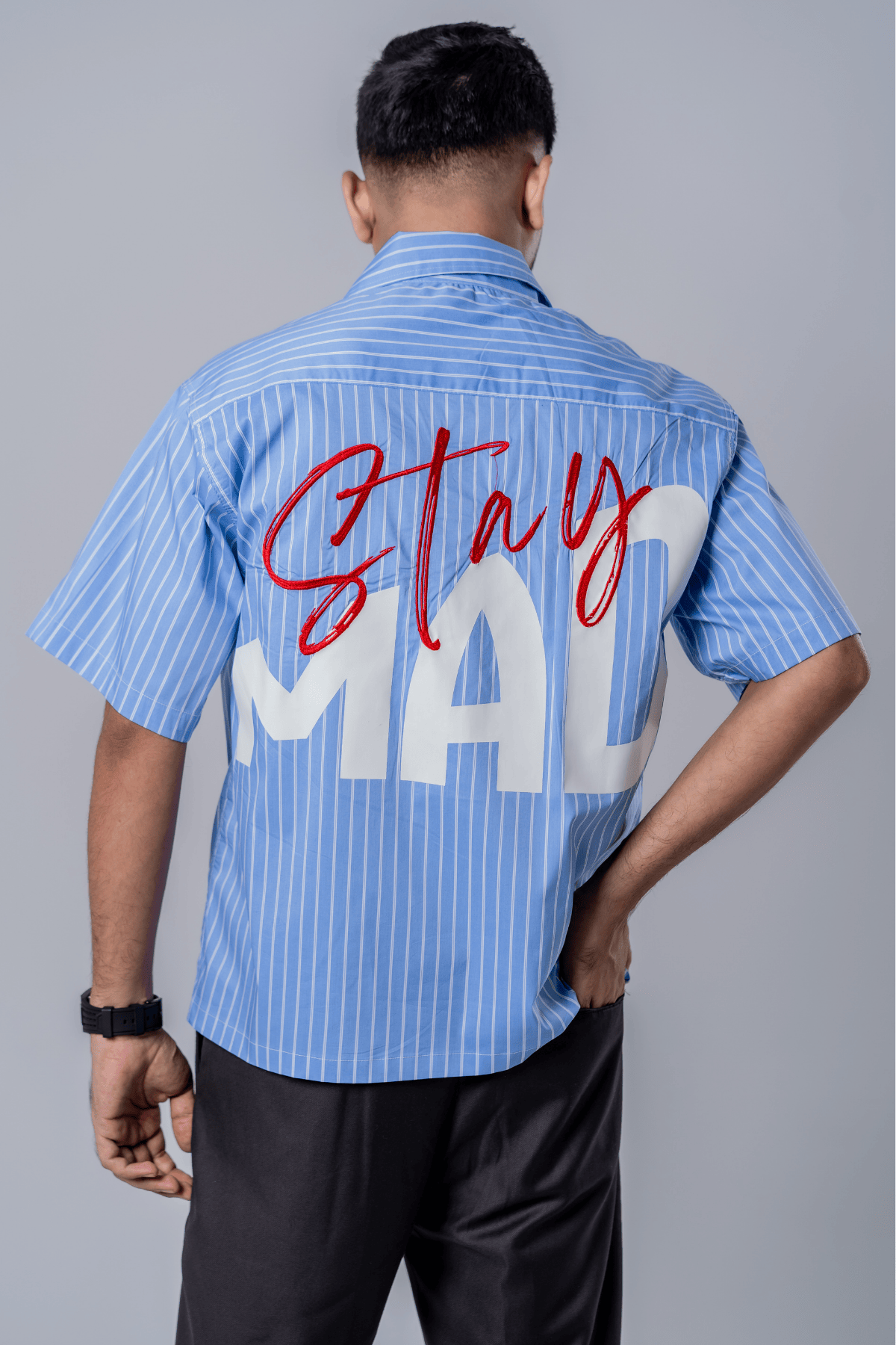 Mad Koffee Embroidery Blue Stripe Shirt – Stay Mad