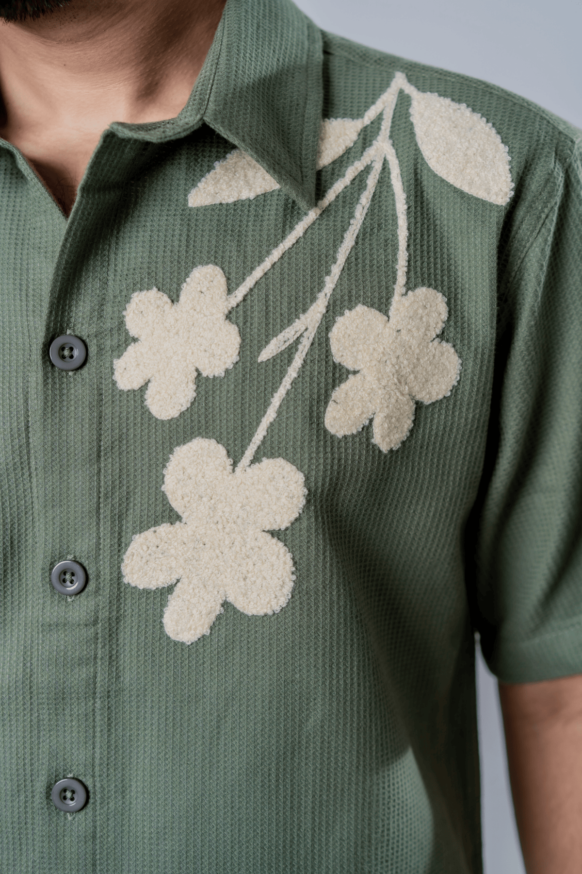 Mad Koffee Floral Patch Waffle Shirt- Olive Green