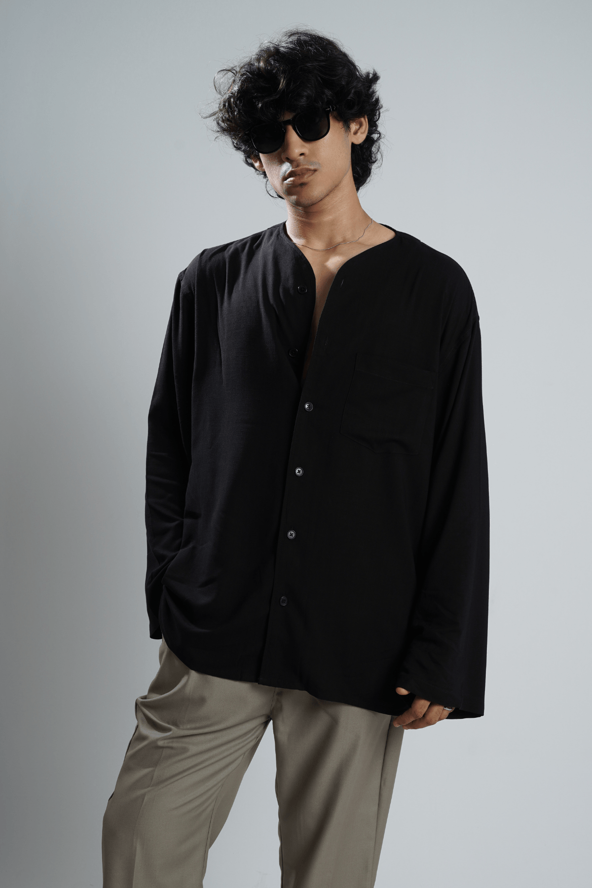 Mad Koffee Oversized Collarless Shirt with Flared sleeves - Black