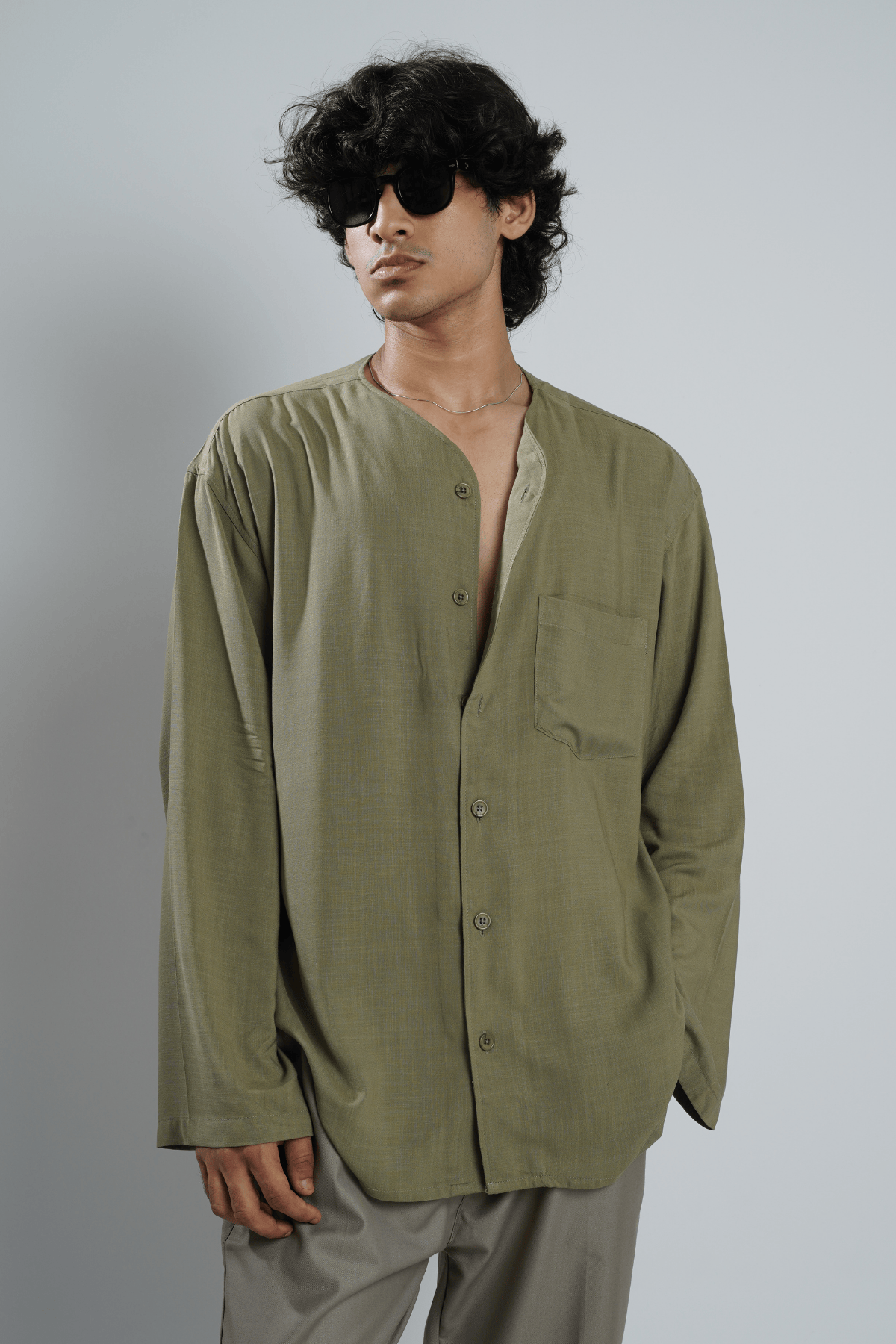 Mad Koffee Oversized Collarless Shirt with Flared sleeves -Olive Green