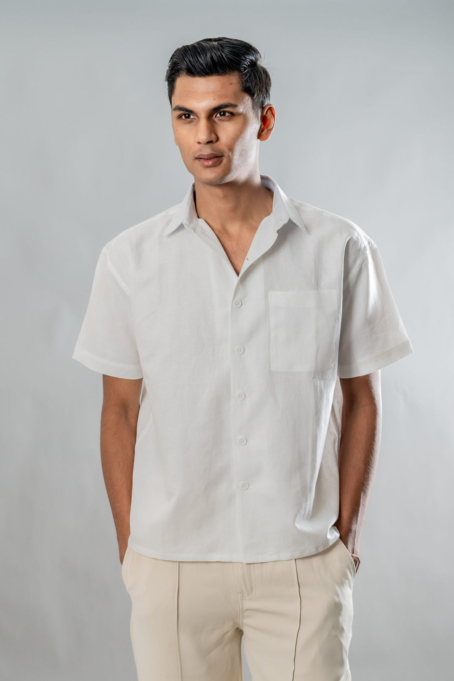 Mad Koffee Shirts Linen Box Fit Oversized Half Sleeve Shirt — White