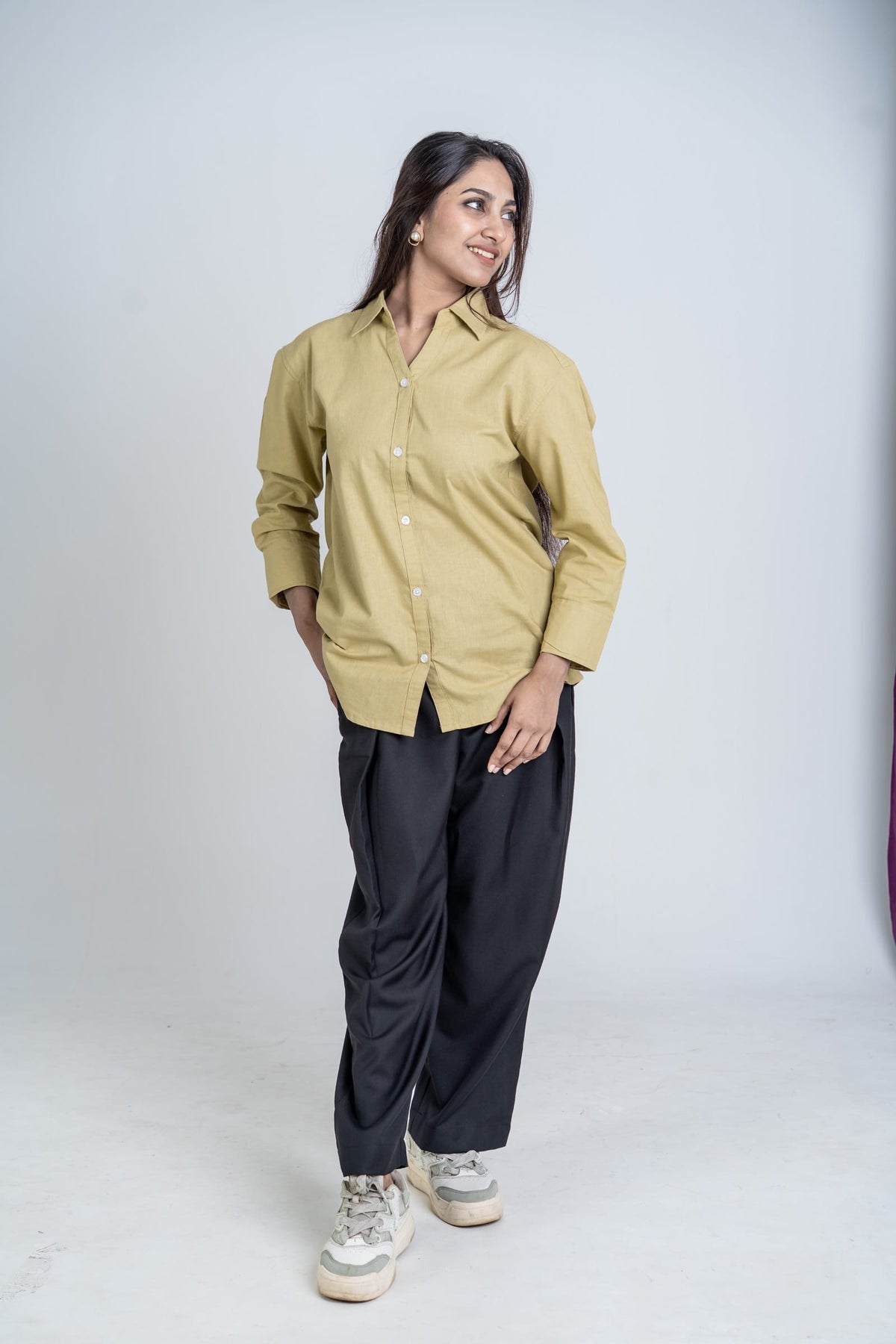 Mad Koffee Shirts Women’s V-Neck Long Shirt - Olive Gold