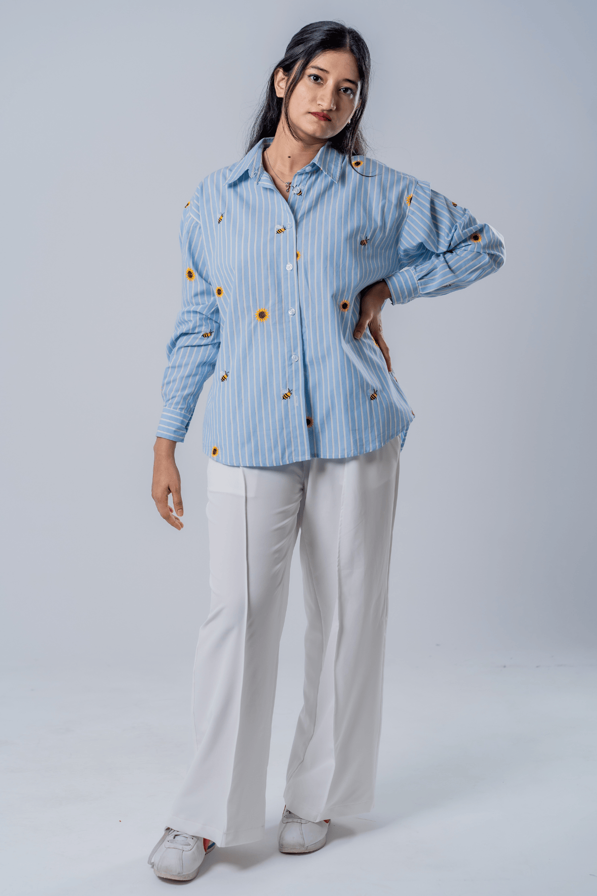 Mad Koffee The Bumblebee & Sunflower Embroidered Striped Shirt