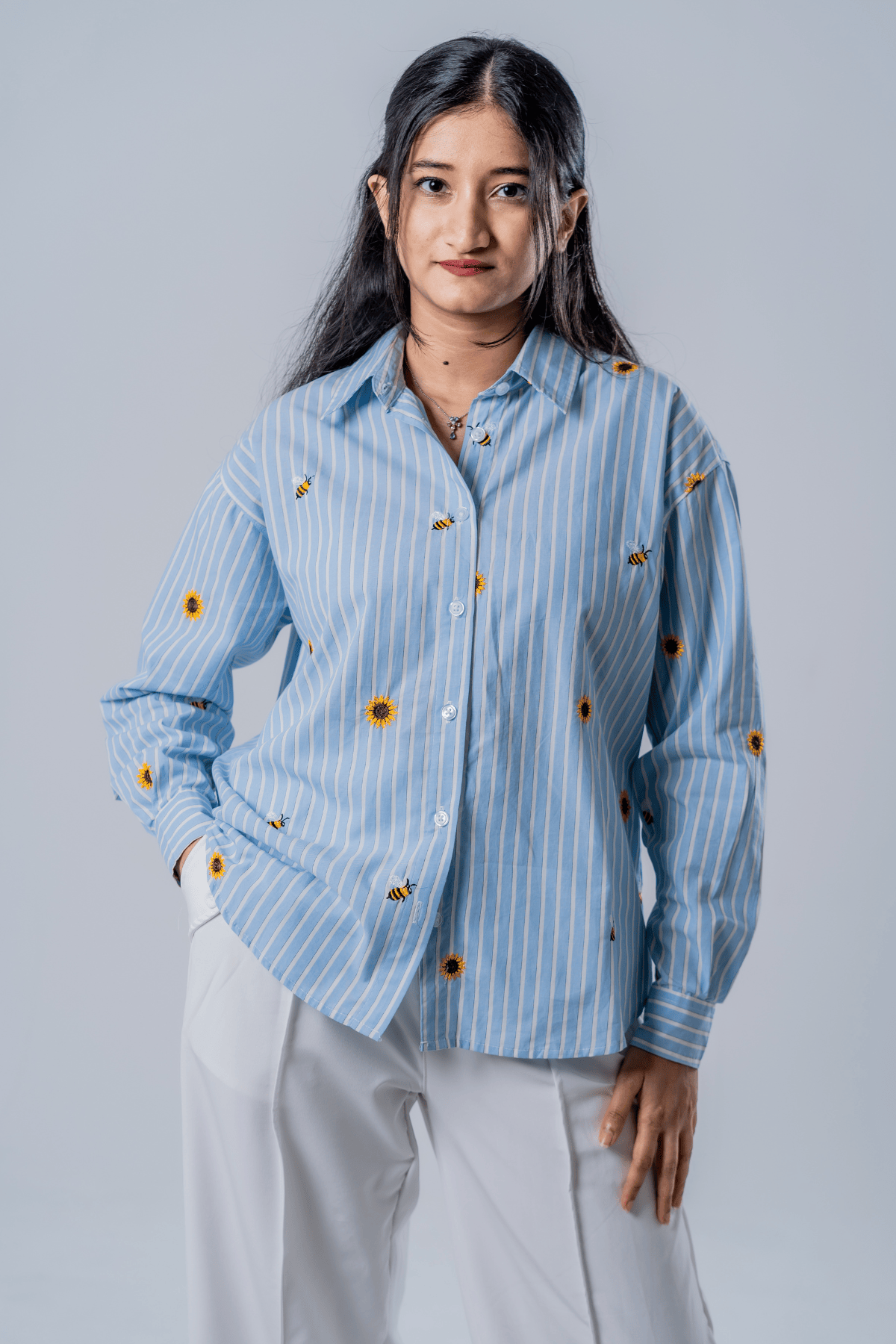 Mad Koffee The Bumblebee & Sunflower Embroidered Striped Shirt