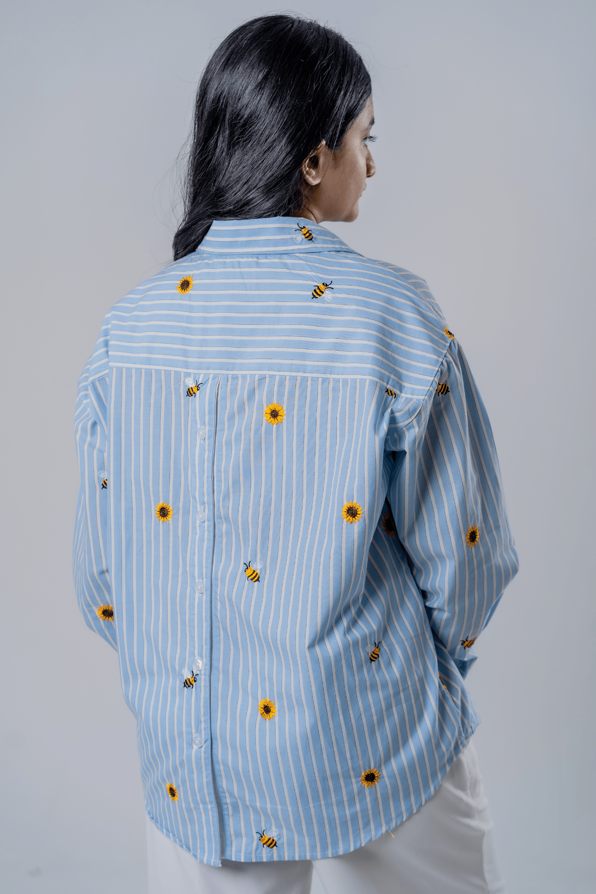 Mad Koffee The Bumblebee & Sunflower Embroidered Striped Shirt