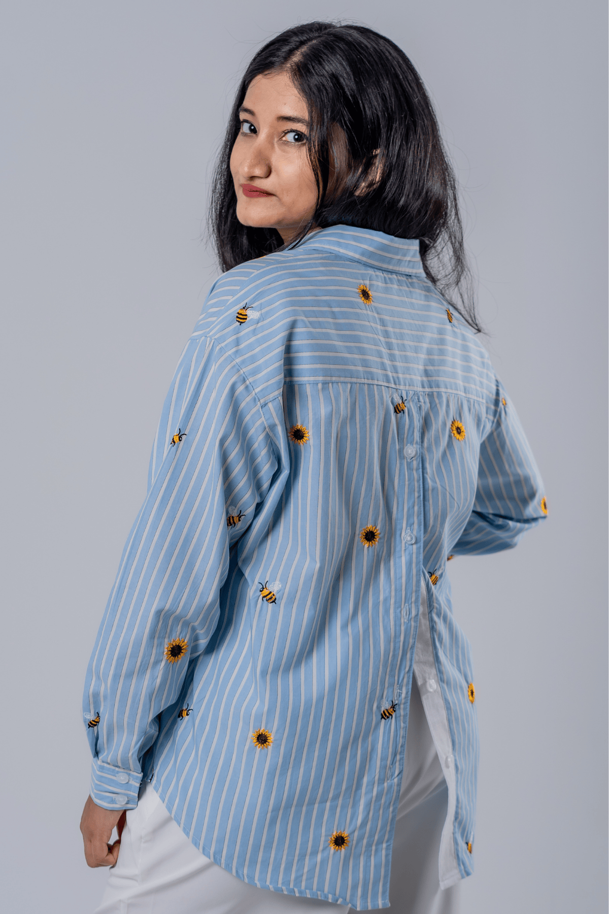 Mad Koffee The Bumblebee & Sunflower Embroidered Striped Shirt