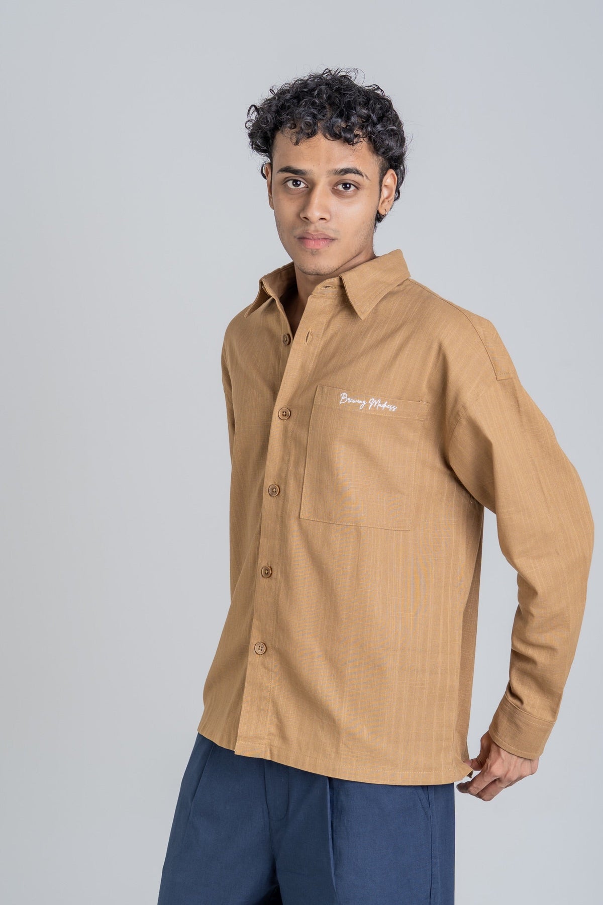 Mad Koffee Remi Cotton Boxy-Fit Shirt in Mocha with Brewing Madness embroidery