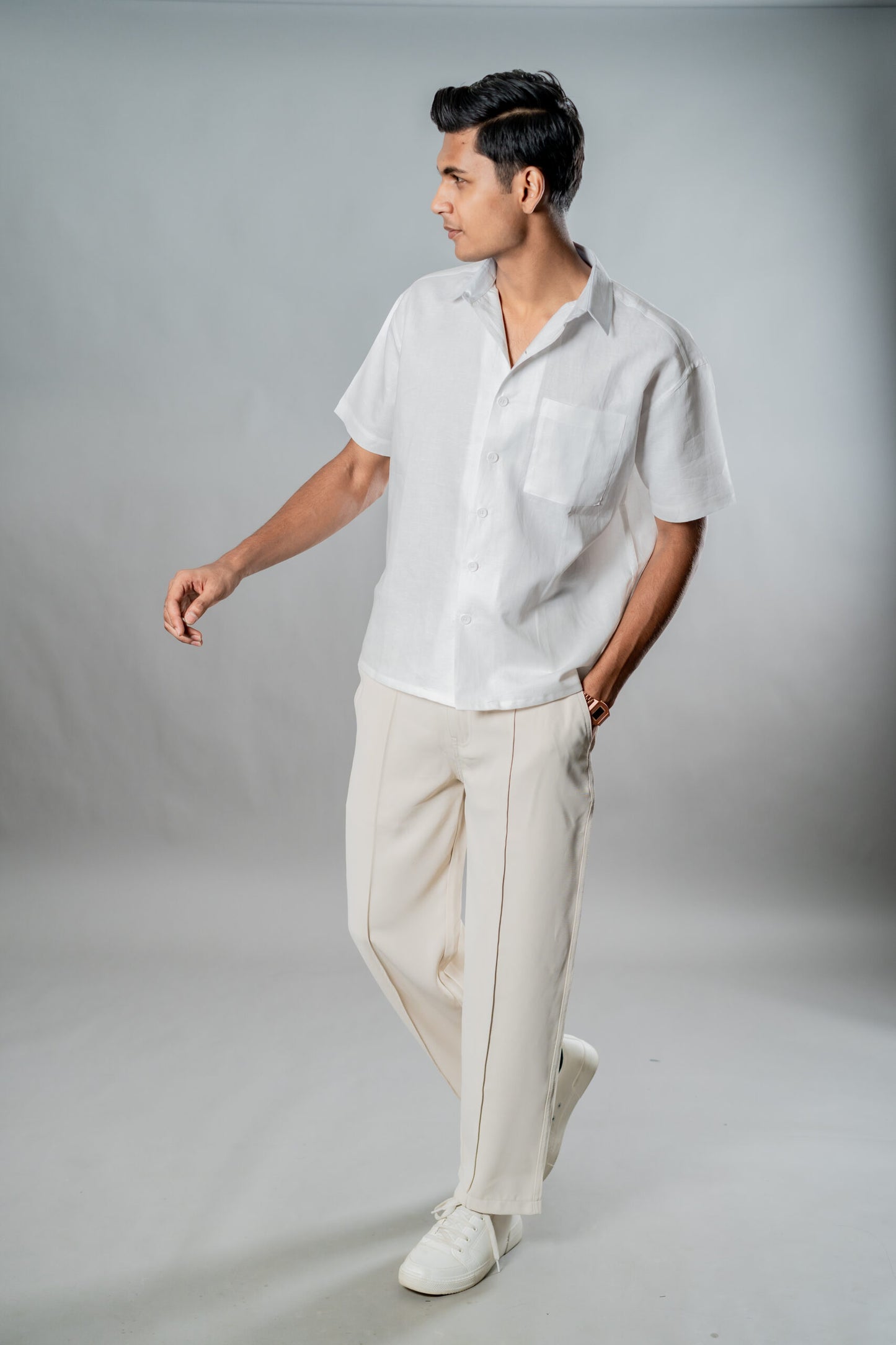 Linen Box Fit Oversized Half Sleeve Shirt — White