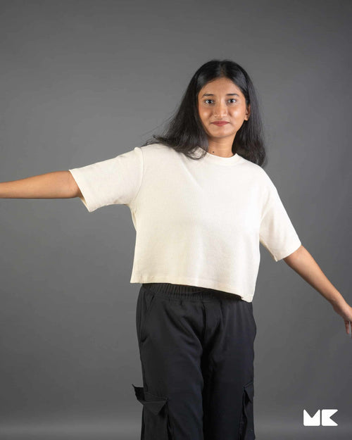 Load image 1 in gallery view. Waffle Fabric Girls' Crop Top | Stylish and Comfortable | Mad Koffee Fashion Elevate your style with our waffle fabric girls' crop tops. Made from premium waffle-textured fabric, these tops offer a trendy, breathable fit, perfect for casual outings or pairing with your favorite high-waisted jeans.