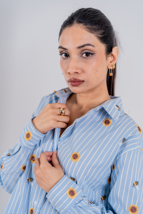 Load image 1 in gallery view. The Bumblebee & Sunflower Embroidered Striped Shirt