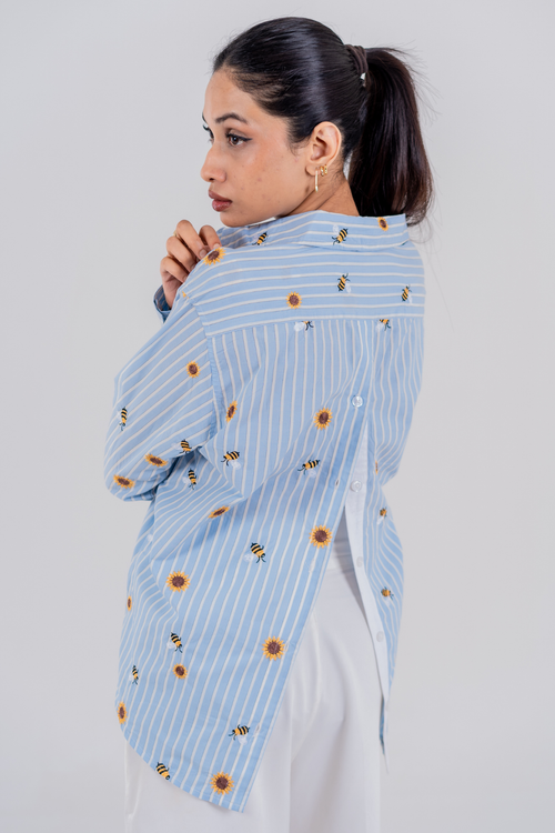 Load image 1 in gallery view. The Bumblebee & Sunflower Embroidered Striped Shirt