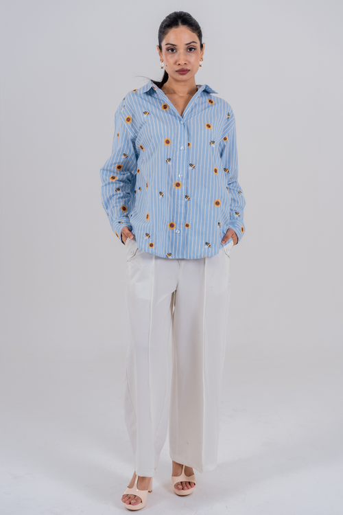 Load image 1 in gallery view. The Bumblebee & Sunflower Embroidered Striped Shirt