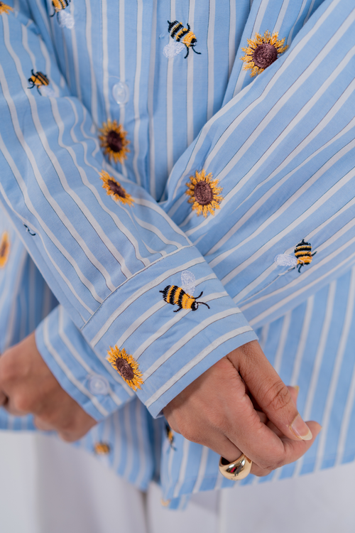 Load image 1 in gallery view. The Bumblebee & Sunflower Embroidered Striped Shirt