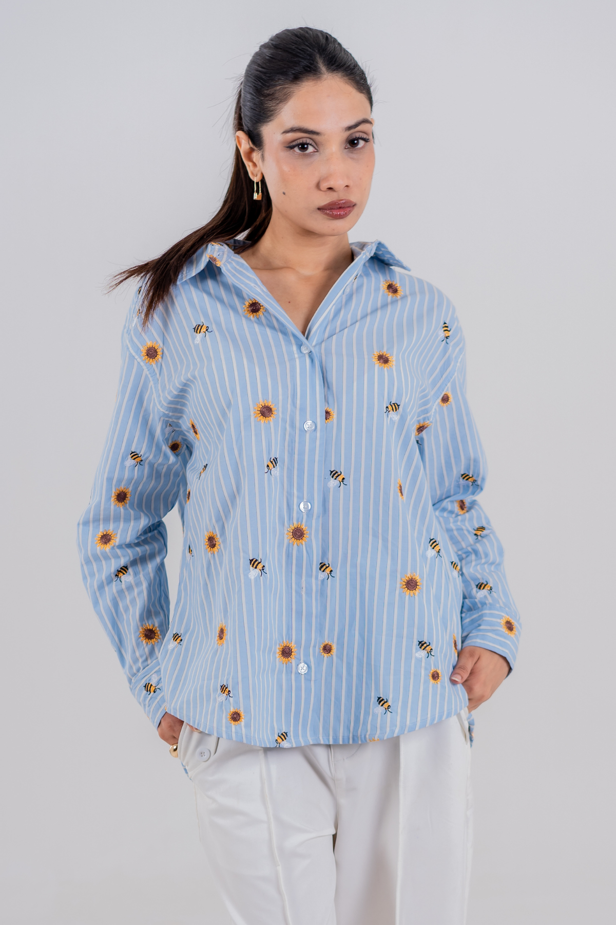 The Bumblebee & Sunflower Embroidered Striped Shirt