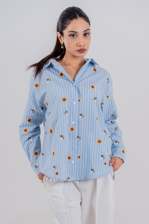 Load image 1 in gallery view. The Bumblebee & Sunflower Embroidered Striped Shirt