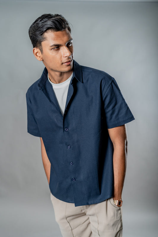 Linen Box Fit Oversized Half Sleeve Shirt — Midnight Navy