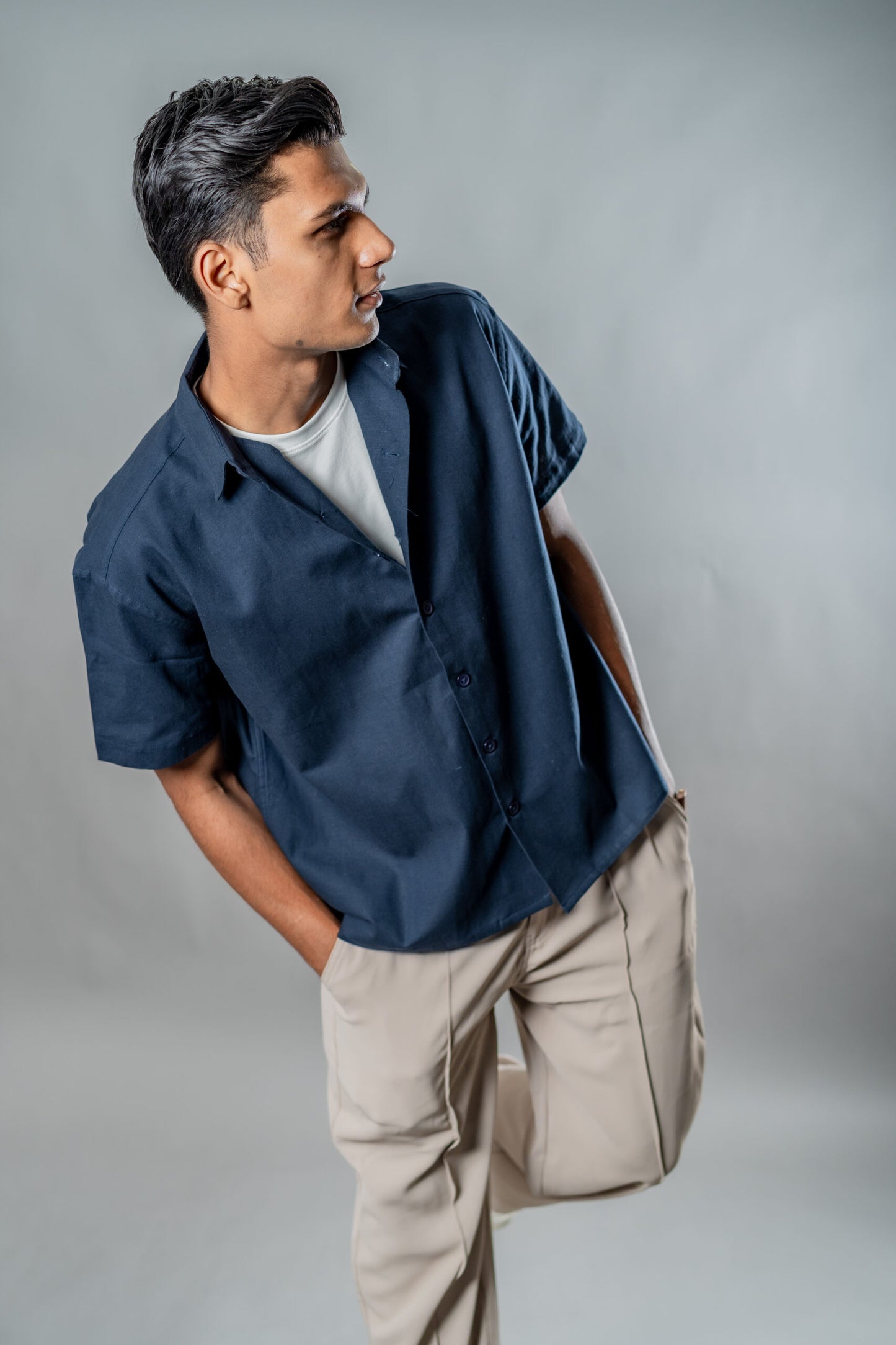 Linen Box Fit Oversized Half Sleeve Shirt — Midnight Navy