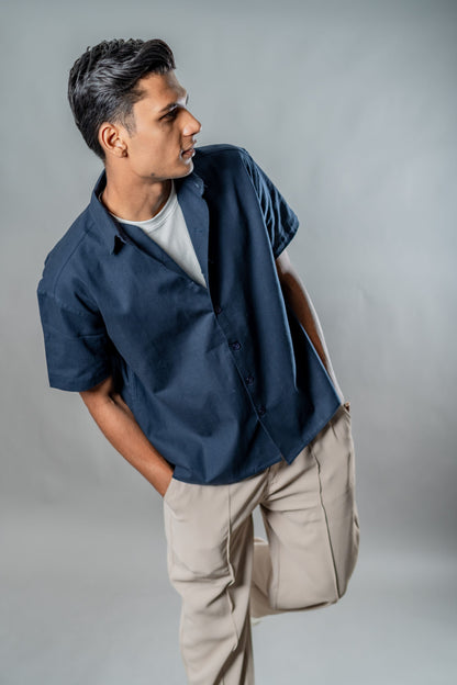 Linen Box Fit Oversized Half Sleeve Shirt — Midnight Navy
