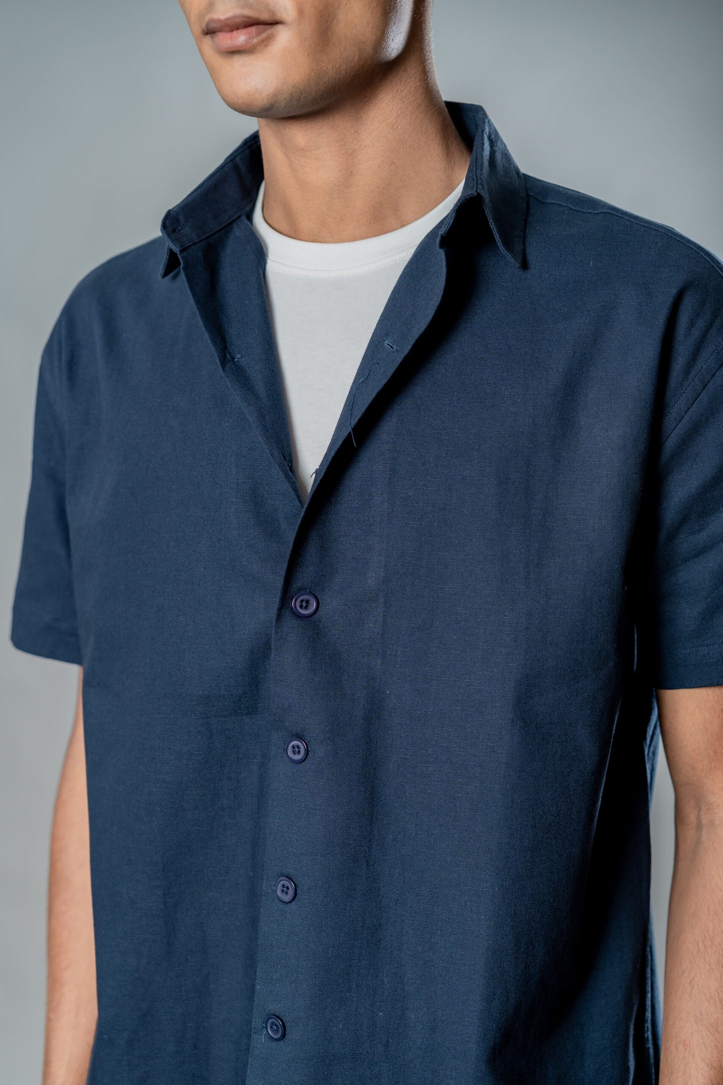 Linen Box Fit Oversized Half Sleeve Shirt — Midnight Navy