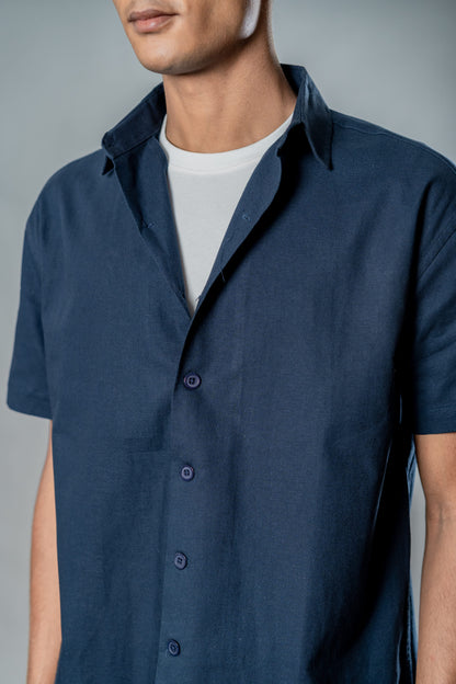 Linen Box Fit Oversized Half Sleeve Shirt — Midnight Navy