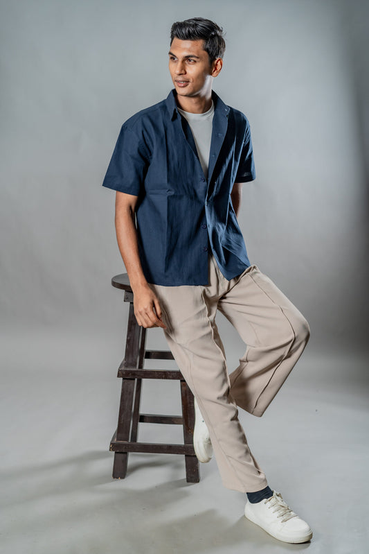 Linen Box Fit Oversized Half Sleeve Shirt — Midnight Navy